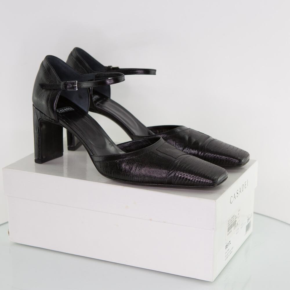 CASADEI $350 Black Lizard Heels Ankle Strap D'Orsay Women's Size 8.5 AA Narrow